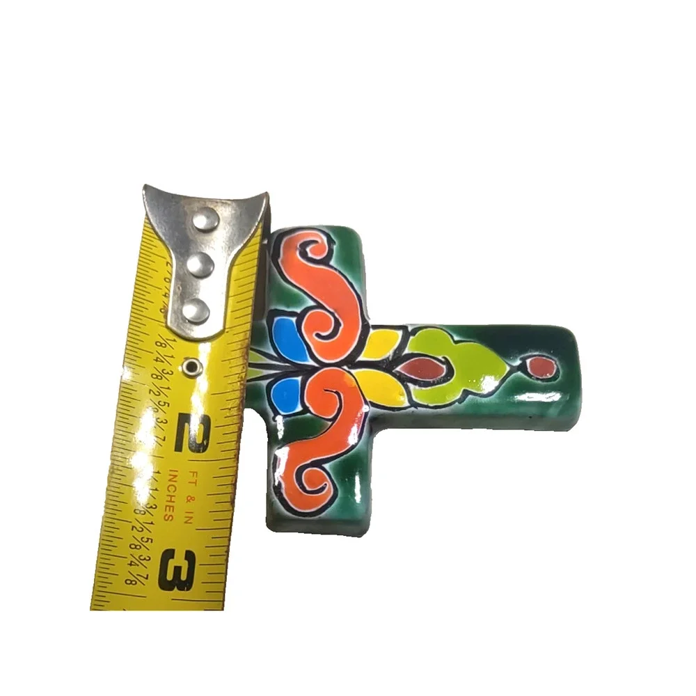 Ceramic Red Clay Cross Pendant Colorful Green Orange Mexico